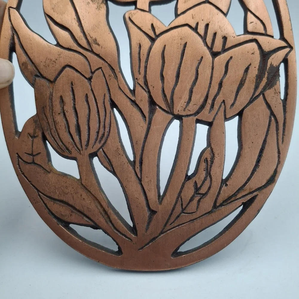 Vintage 1990 ODI Old Dutch Copper Tulip Trivet Cast Iron Flower Hot Plate Taiwan